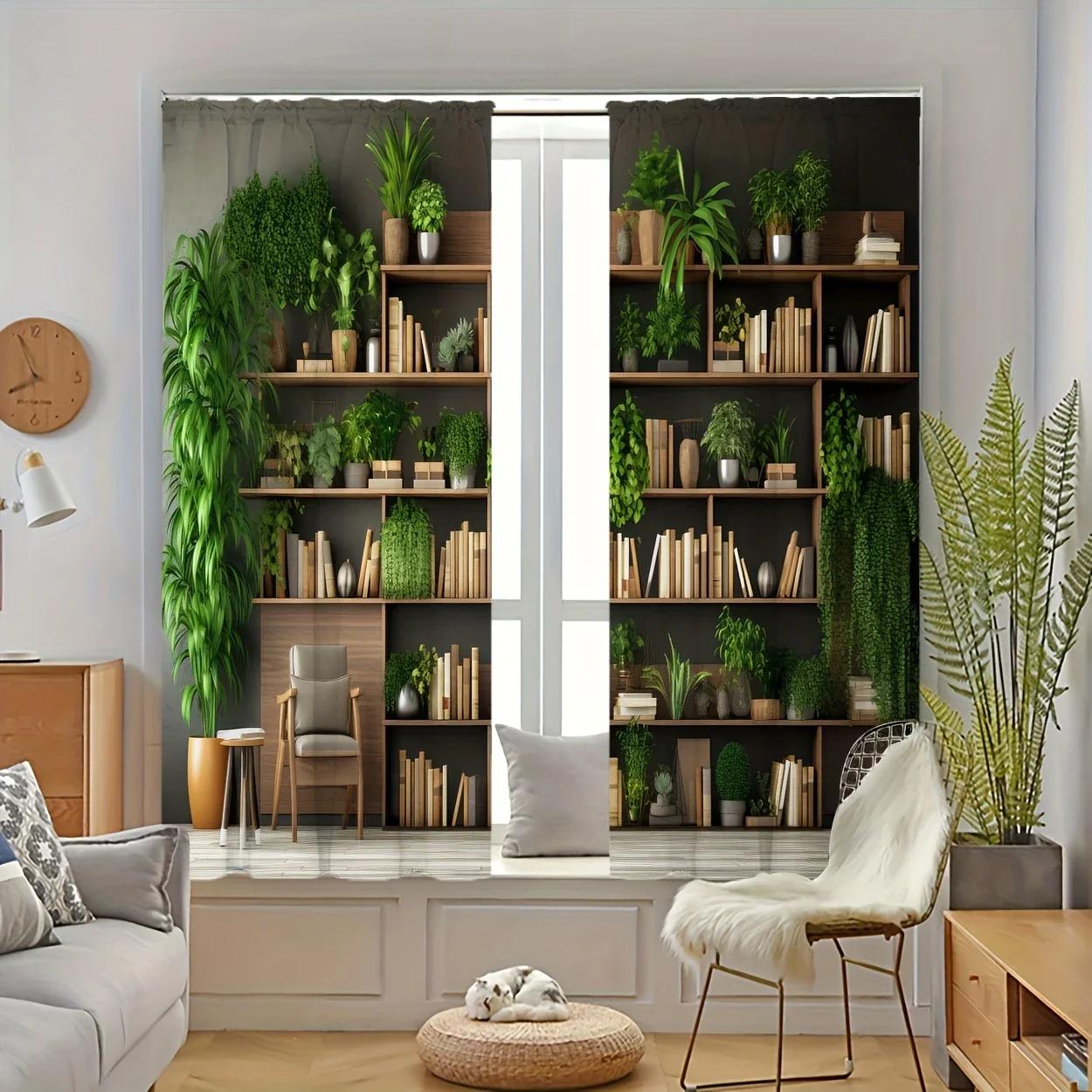 

Bookshelf Potted Plants Printed Curtains Home Decoration Room Curtain Made Of Polyester Washable W100*H70(CM)-Rod Pocket&1PCS
