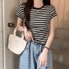 New Summer High-End Hong Kong Style Petite Cotton Striped Short-Sleeve Women's T-Shirt