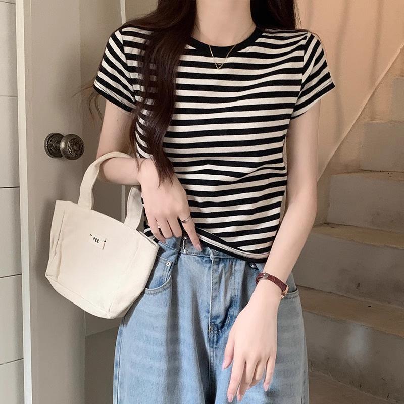 New Summer High-End Hong Kong Style Petite Cotton Striped Short-Sleeve Women's T-Shirt