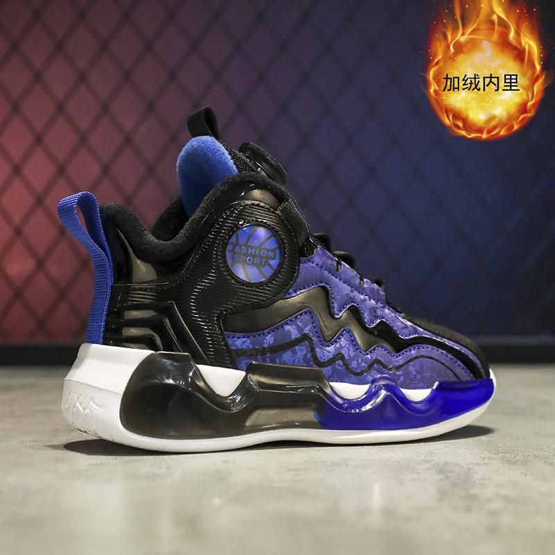 Middle and older children's shoes basketball shoes running shoes sports shoes rotating buckle light bottom autumn and winter waterproof leather surfac