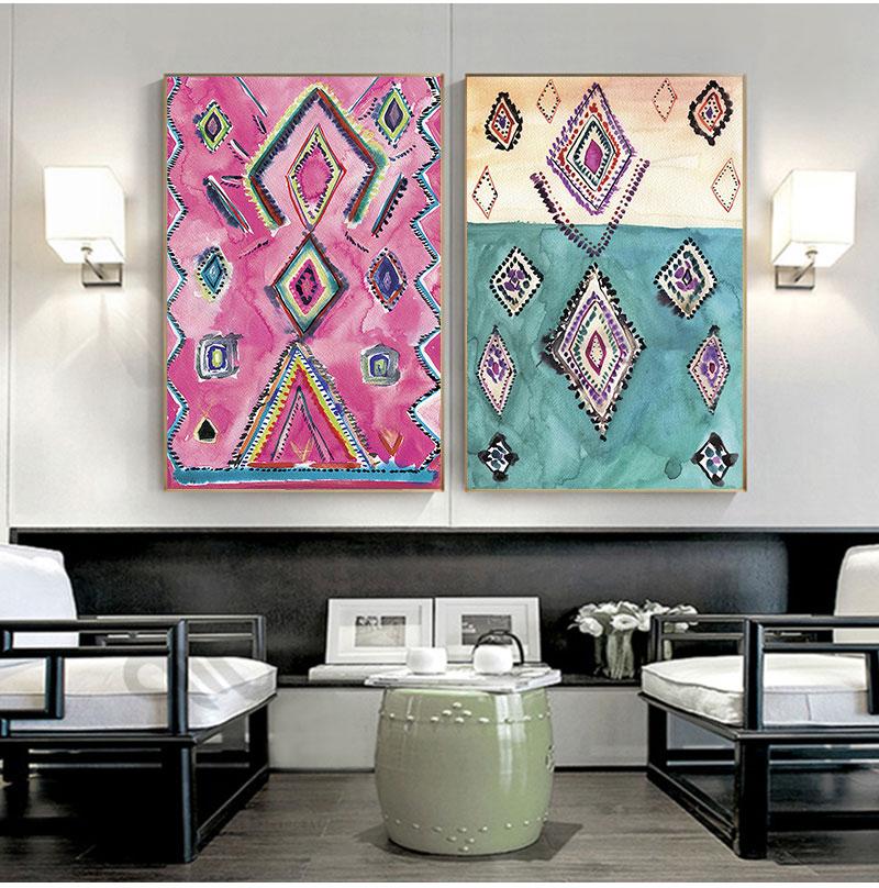 

Марокканский ковер Искусство Принты Бохо Настенный декор Эклектичный Плакат, Акварель Розовый Эклектичный Холст Живопись Современный Богемский Дом Настенное Искусство Нет Рамы