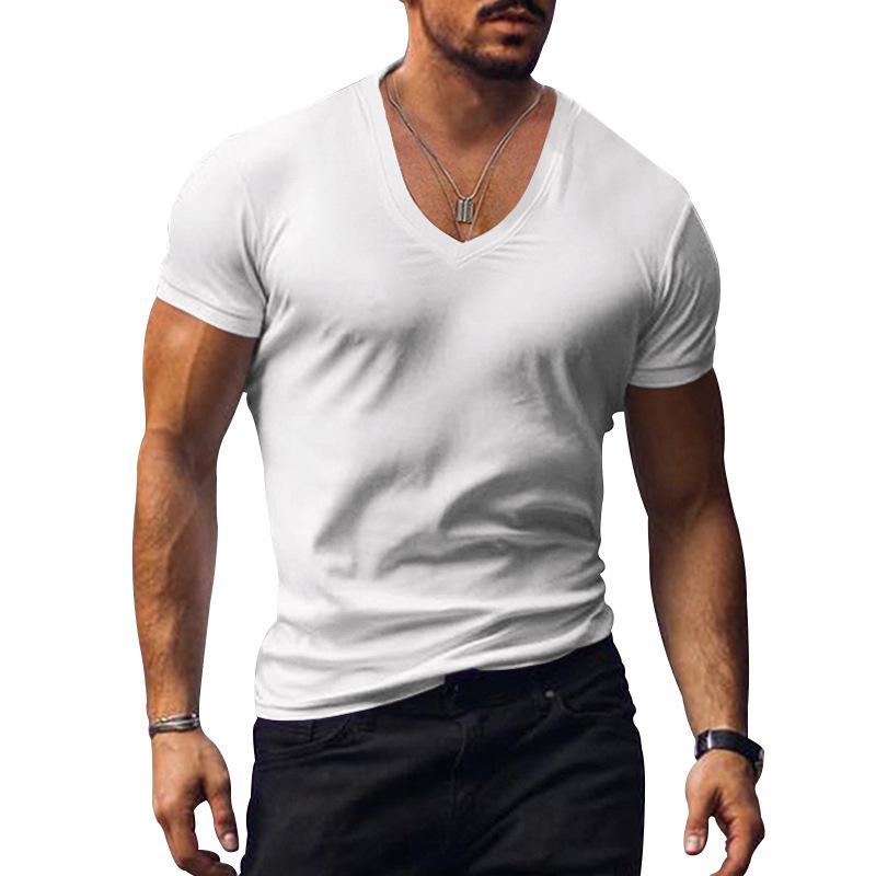 Summer Collection: Plain-coloured men’s slim-fit V-neck short-sleeved T-shirt – trendy brand top S белый