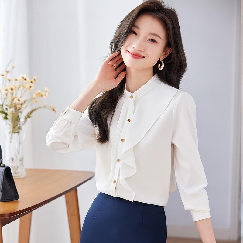 

Белая шифоновая блузка со стойкой: Женская блузка с длинным рукавом и оборками из шелка для весны и осени S