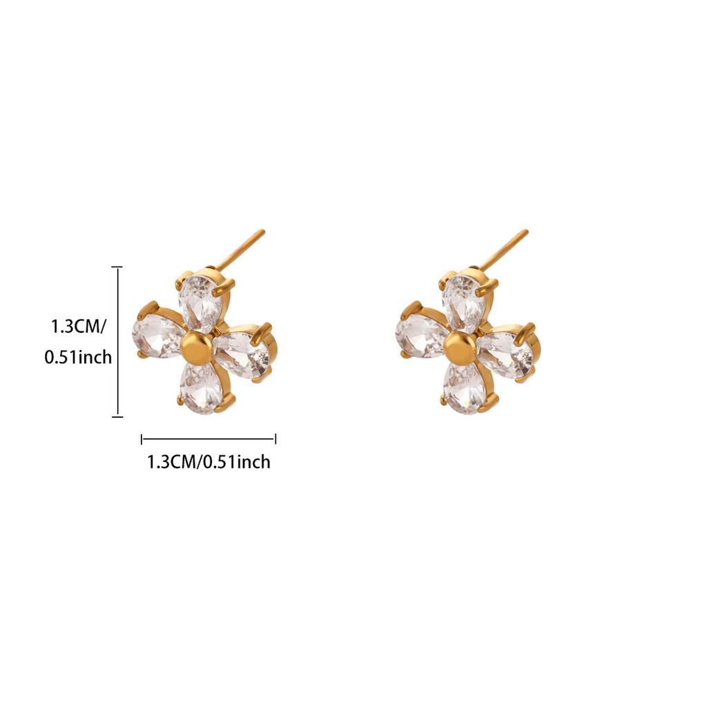 Vierblättrige Kleeblüten-Steckohrringe für Damen, eingelegt mit farbigem Zirkon, vielseitiger Ohrschmuck aus Edelstahl, 18K Gold-beschichtet