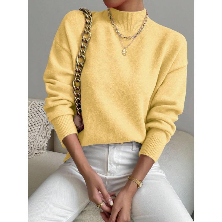 Solid Color Loose Knit Top Semi High Neck Pullover Long Sleeved Sweater Women Autumn and Winter