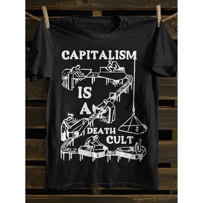 Herren Vintage Punk Rock T-Shirt Anarchistisches Symbol Kapitalismus Ist Tödlicher Kult Slogan Baumwolle Weich Rundhalsausschnitt Kurzarm Schwarzes T-Shirt