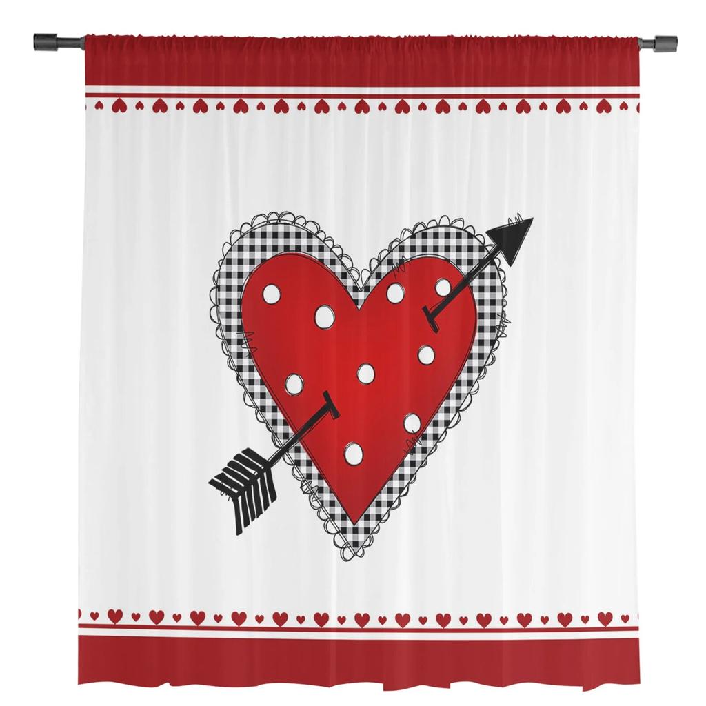 Valentinstag-Vorhänge mit rotem Herz und Pfeil, moderne Tüllvorhänge für Wohnzimmer, Schlafzimmer, Küche, Fenster, transparente Vorhänge