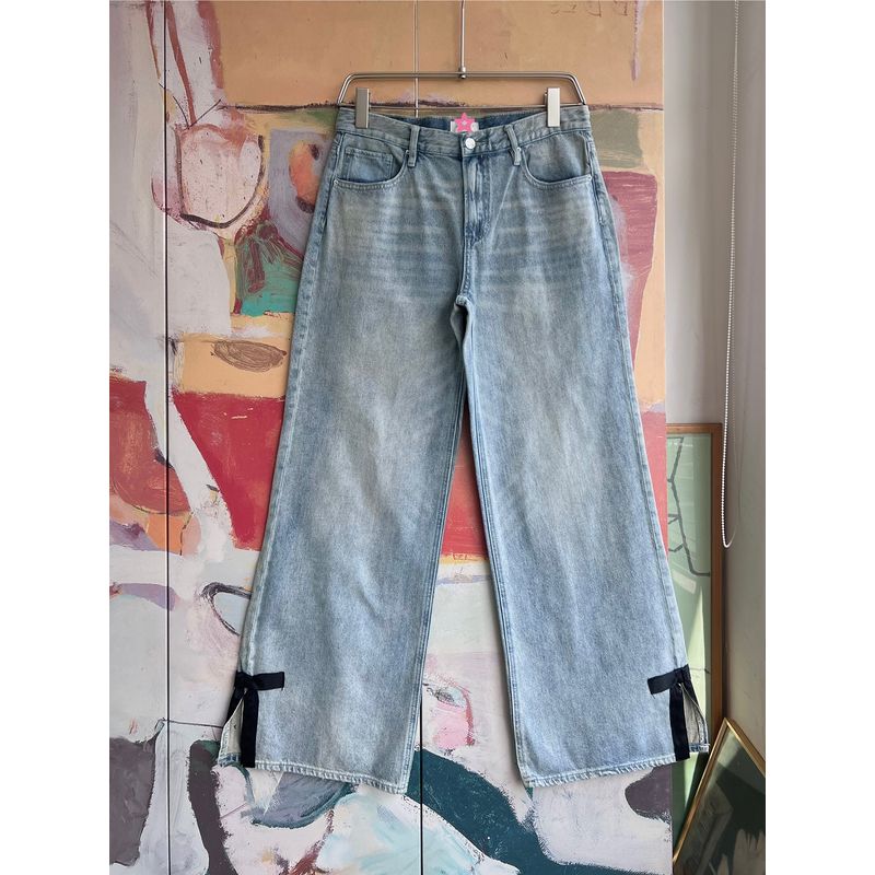 Foreign Trade Original Order PAC * Sun Lena Light Indigo Bow Wide Leg Straight Slimming Low Waist Super Baggy Jeans