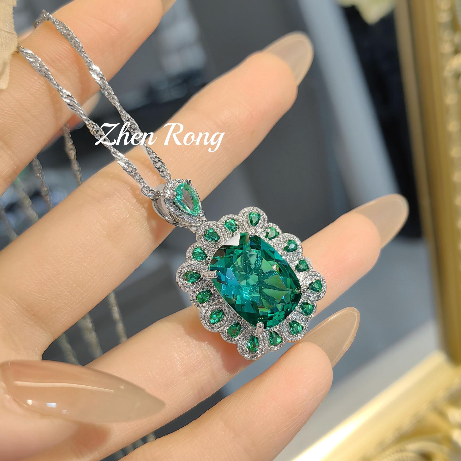Simulation Royal Blue Treasure Pendant Necklace Earrings Set Emerald Women S Stud Earrings Zircon Ring