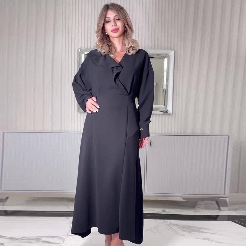 2024 Herbst Europäisches & Amerikanisches Damen Rüschenbesetztes Hochtailliertes Schlankmachendes Kleid