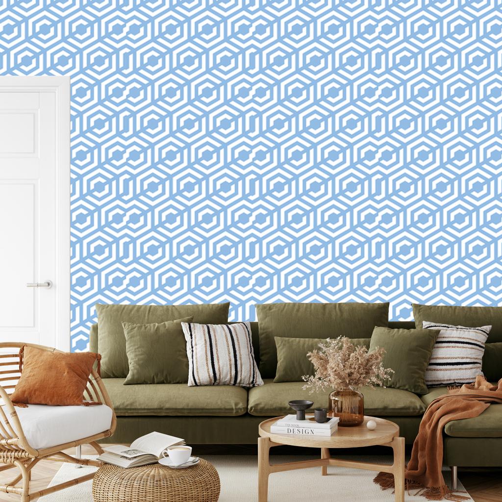 Wallpaper Geometric Pattern Azure and White for Living Room and Bedroom 50x1000