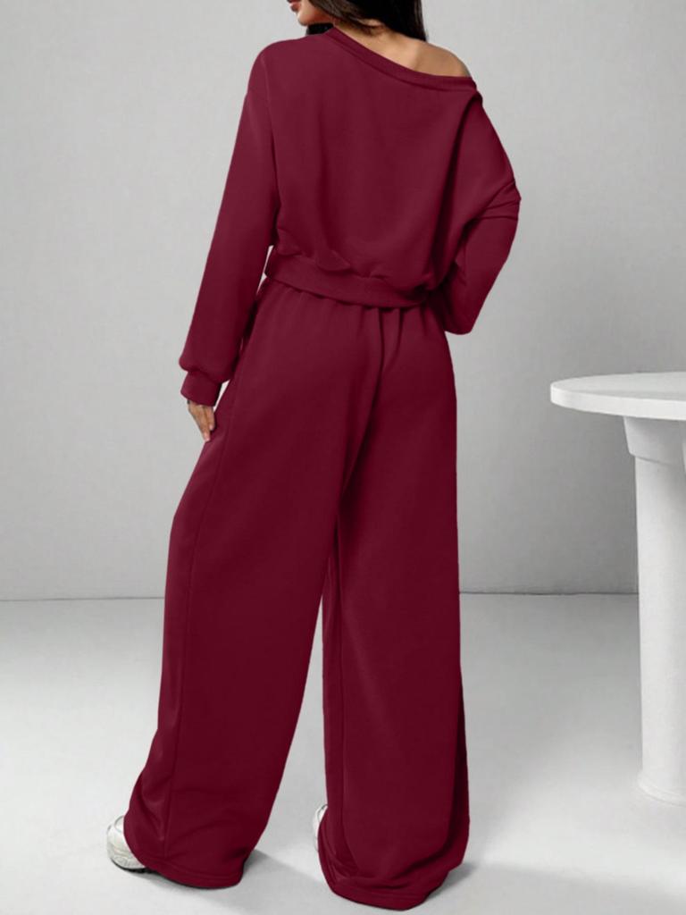 Women's Casual Solid Color Off-Shoulder Knit Sweatshirt Set