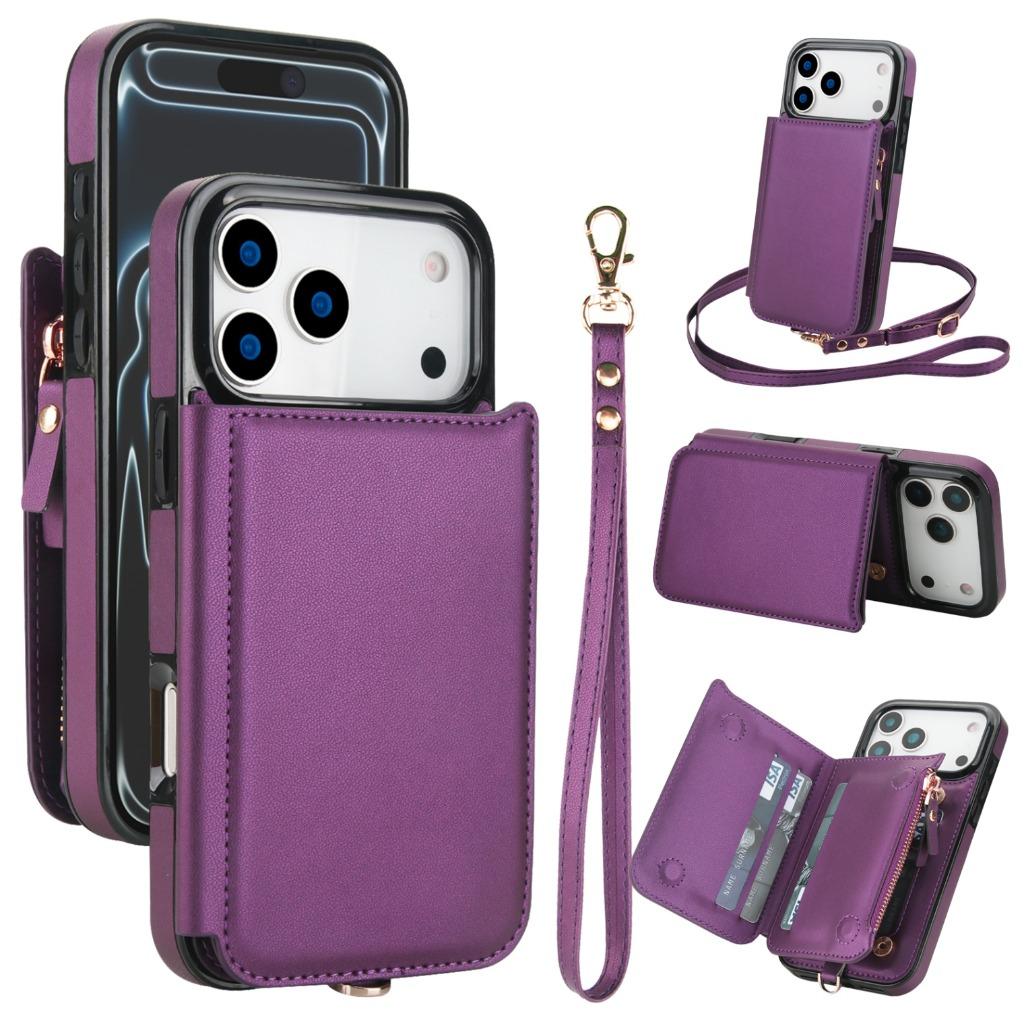 Crossbody Leather Wallet Phone Case For iPhone 17 Pro Max Air 17e 16e 15 14 Plus 13 12 Mini 11 Card Holder Wrist Strap Cover