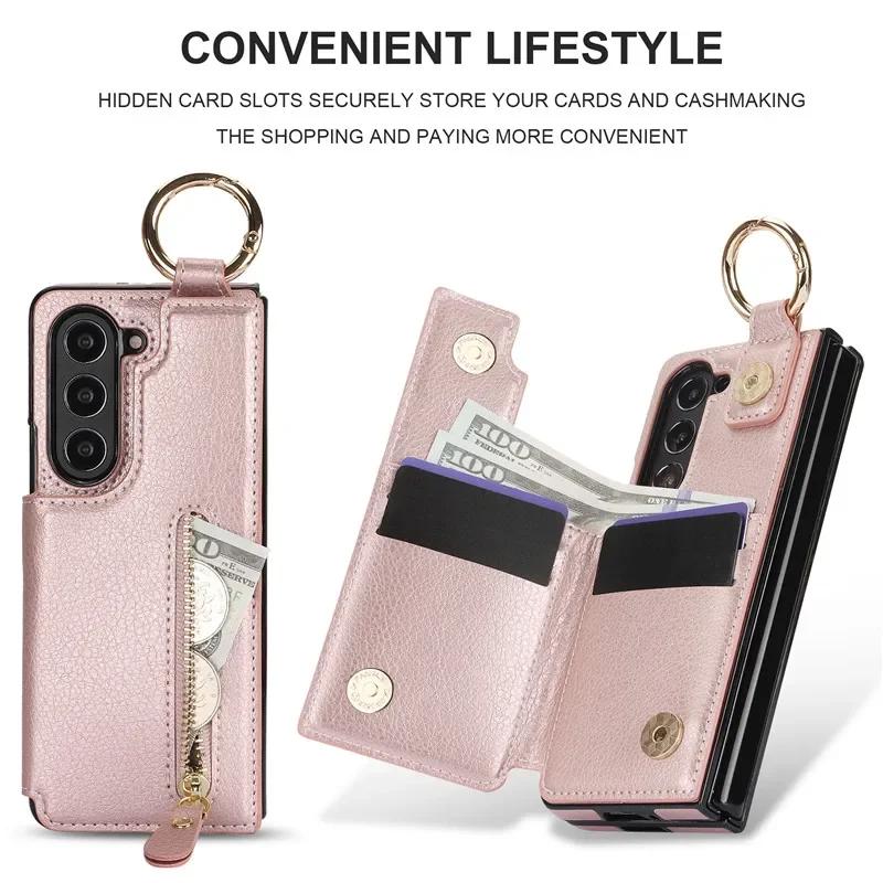 PU Leather Ring Zipper Wallet with Card Holder Phone Case for Samsung Galaxy Z Fold 6 5 4 3 Fold6 Fold5 Fold4 5G Kickstand Cover