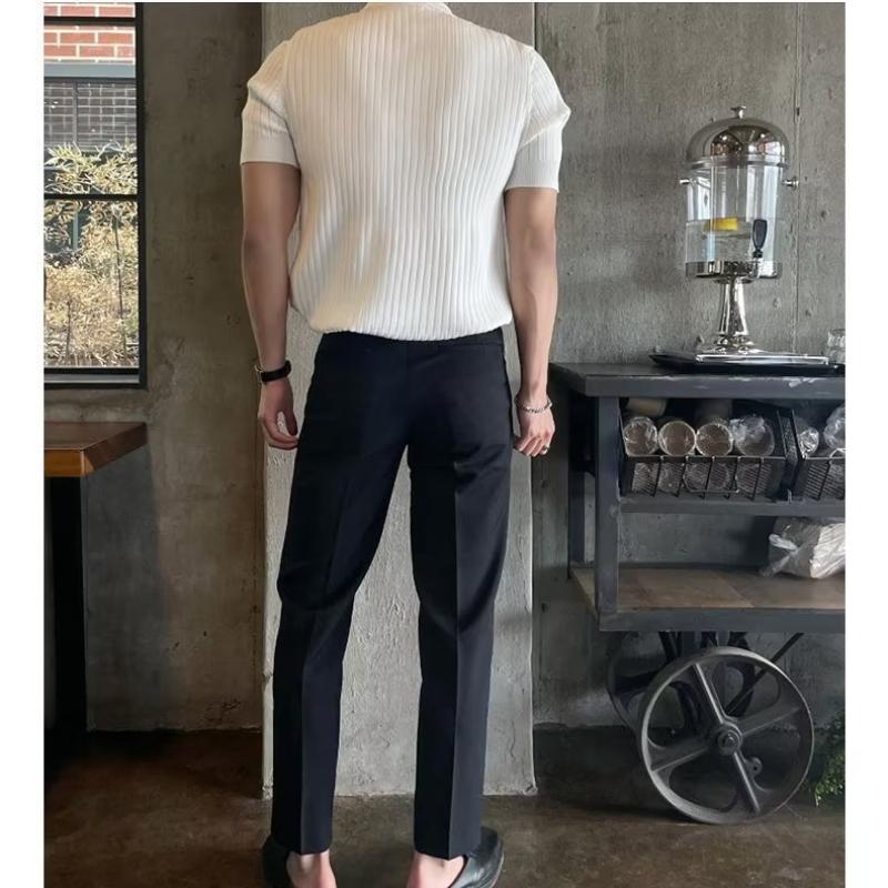 Summer Ice Silk Men's Polo Short Sleeved T-shirt Thin Shirt Fashion V-neck Striped Knitted Bottom Shirt Men