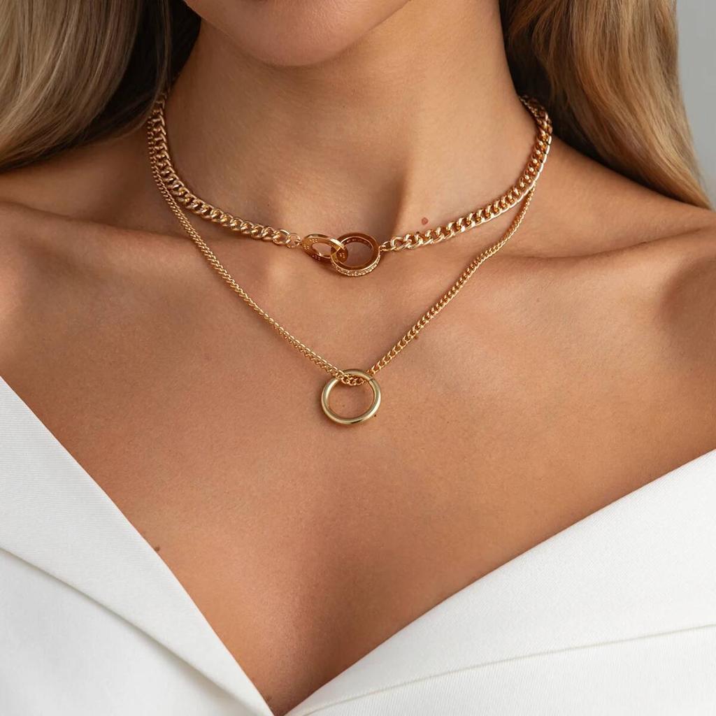Salircon 2Pcs/Set Creative Simple Gold Color Hollow Round Metal Choker Necklace Women Trend Adjustable Chain Charm Daily Jewelry