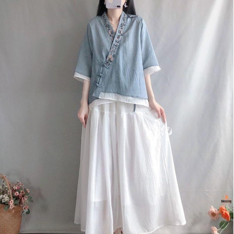 Women's Retro Cotton Linen Frog Button Top - Summer Chinese Tea Ceremony Style with Oblique Lapel and Five-Point Sleeves