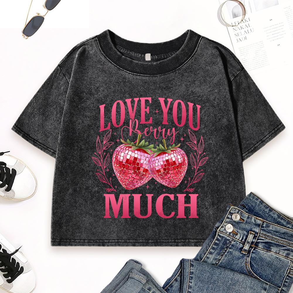 Love You Cherry Much Print Washed Crop T-Shirts Women Street Slim T Shirt Summer Top Crewneck Cotton Short Sleeve