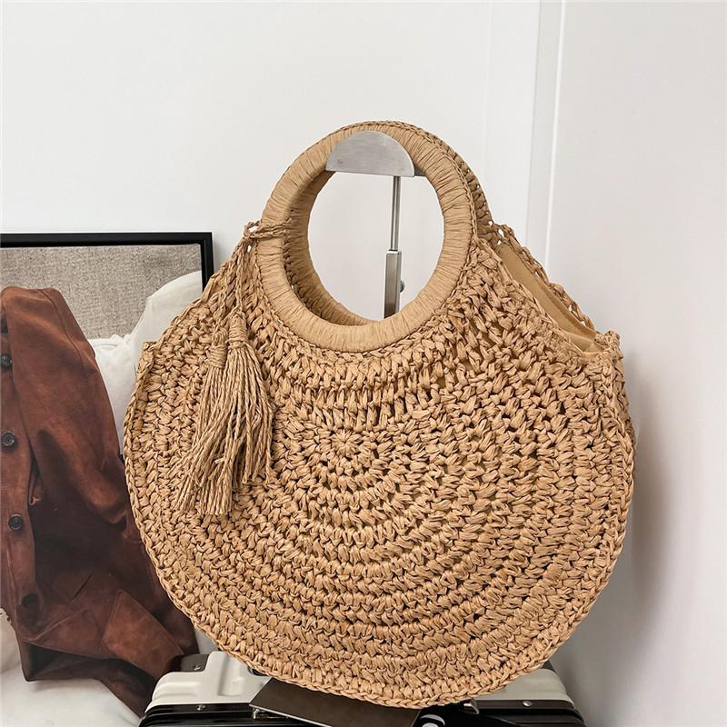 

Round Handmade Straw Bag Bohemian Style Tassel Handbag Beach Vacation Shoulder Bag Casual Fashion Versatile Women s Tote Bag 39x10x32cm хаки