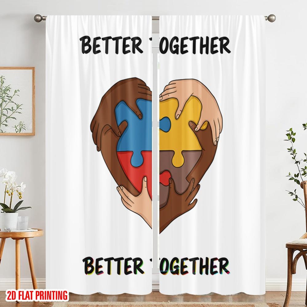 2pcs 2D Flat Printing Window Curtains Diversity Unity Heart Puzzle Polyester Without Electricity Party Decorations Use for Photo