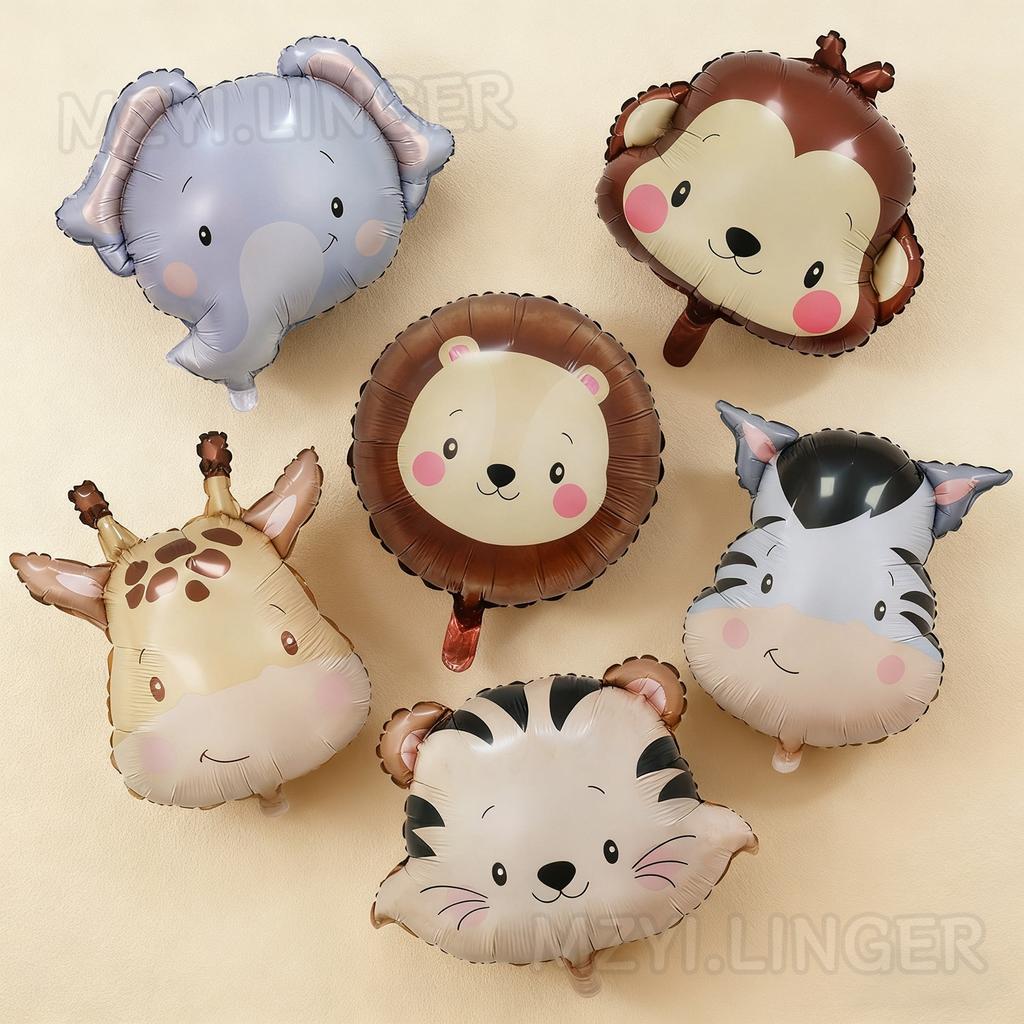 6pcs Cartoon Matte Animal Aluminum Film Balloon Tiger Lion Elephant Giraffe Balloon Forest Theme Party Birthday Party Decoration