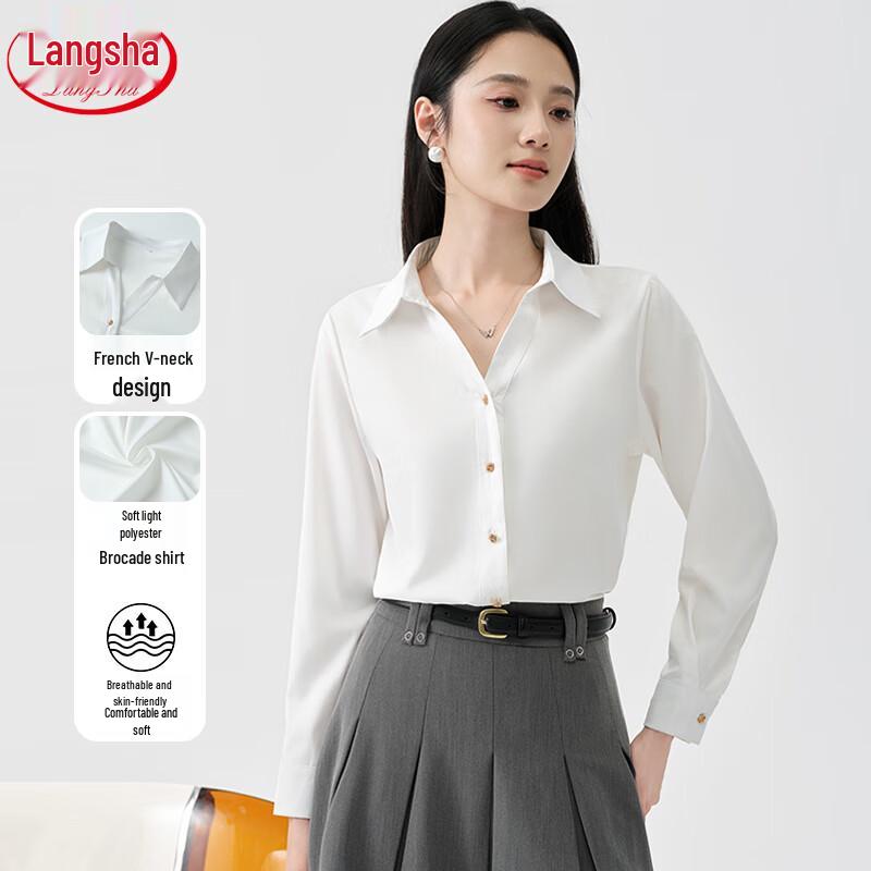 Langsha Women s Elegant Loose V-Neck Long Sleeve White Blouse L