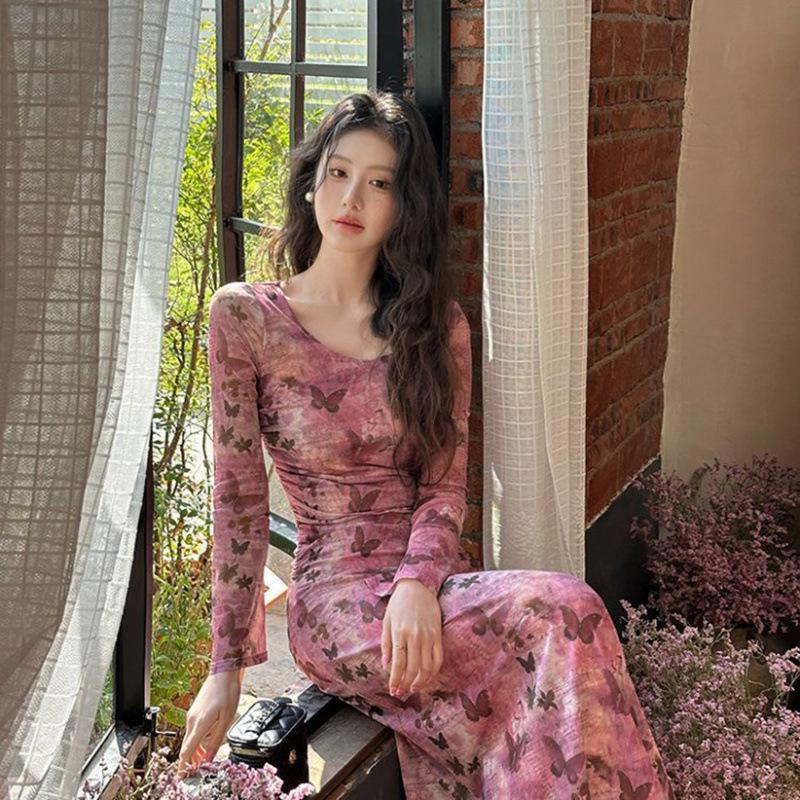Spice Girl Temperament Mesh Square Neck Long Sleeve Dress Women's Autumn Pure Desire Wind Slim and Skinny Split Hip Wrap Long Dress