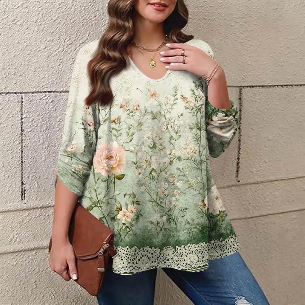 Women's Plus Size Fashion Printed Casual Pleated Round Neck Long Sleeve Top