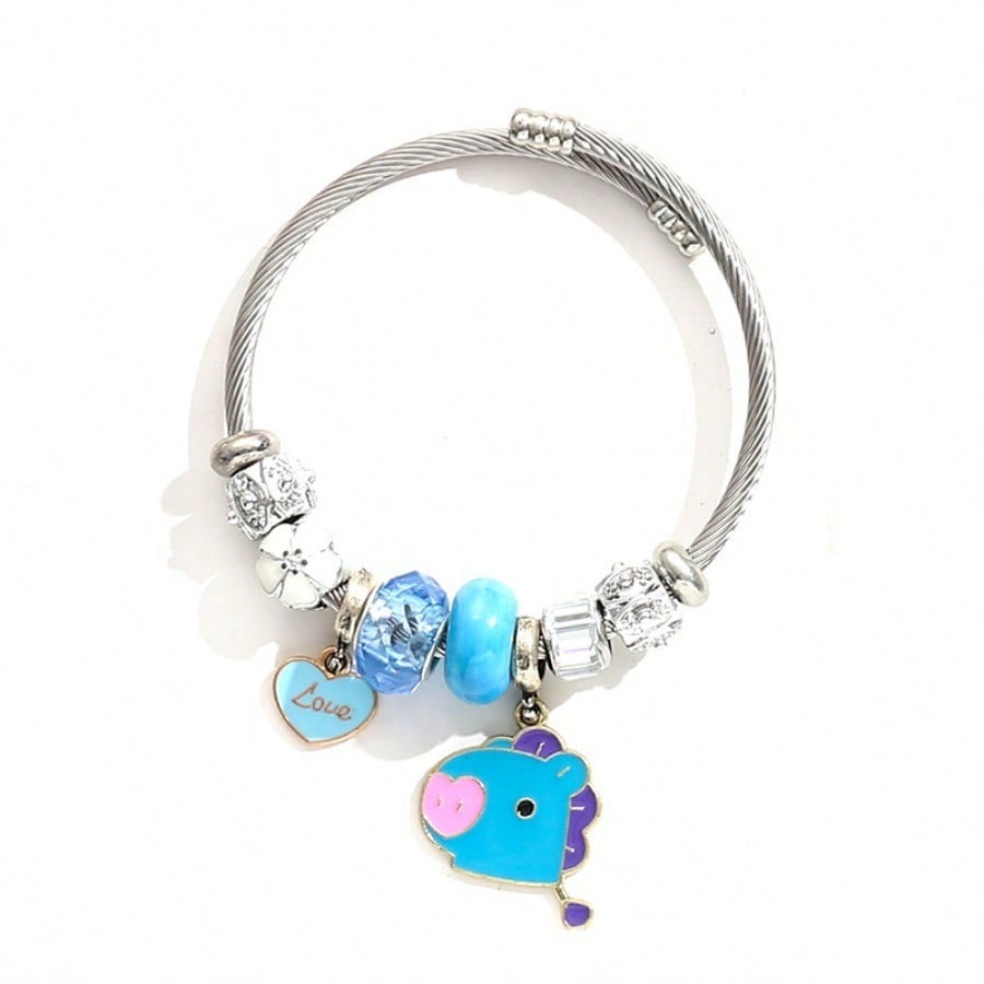 Braccialetto in Acciaio Inossidabile Stile Kpop Anime LINE FRIENDS BT21 Braccialetto di Cristallo con Ciondolo a Forma di Cuore per Giovani Stile Coreano Cartoon Fai da Te