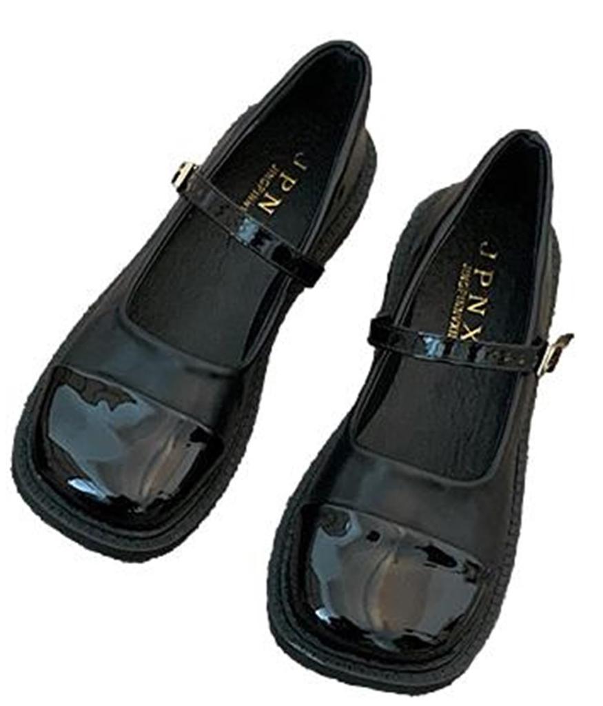 1/2plus Women's Strap Pumps, Two-Tone Flats, Round Toe, Mary Jane Style (Black, Size 24.0 Cm)