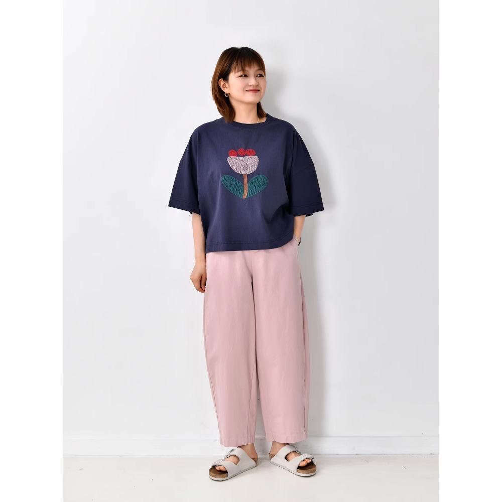 

DIMANAF 2025 Летняя хлопковая футболка женская с принтом и вышивкой Асимметричная с коротким рукавом Свободная One Size синий