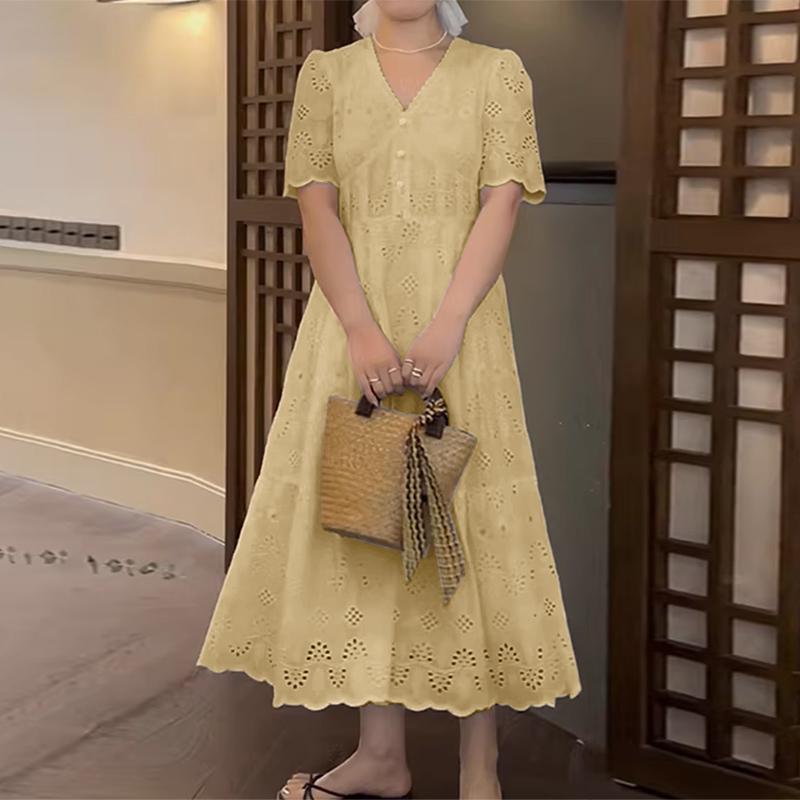 ZANZEA Women Elegant Crochet Patchwork Casual V-neck Short Sleeve Dress