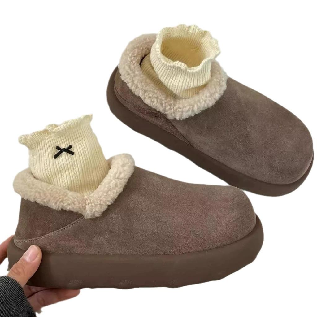 Wool version~ fur integrated snow boots for women, new thick soles in winter, heightened, two women wearing large potato thickened cotton shoes
