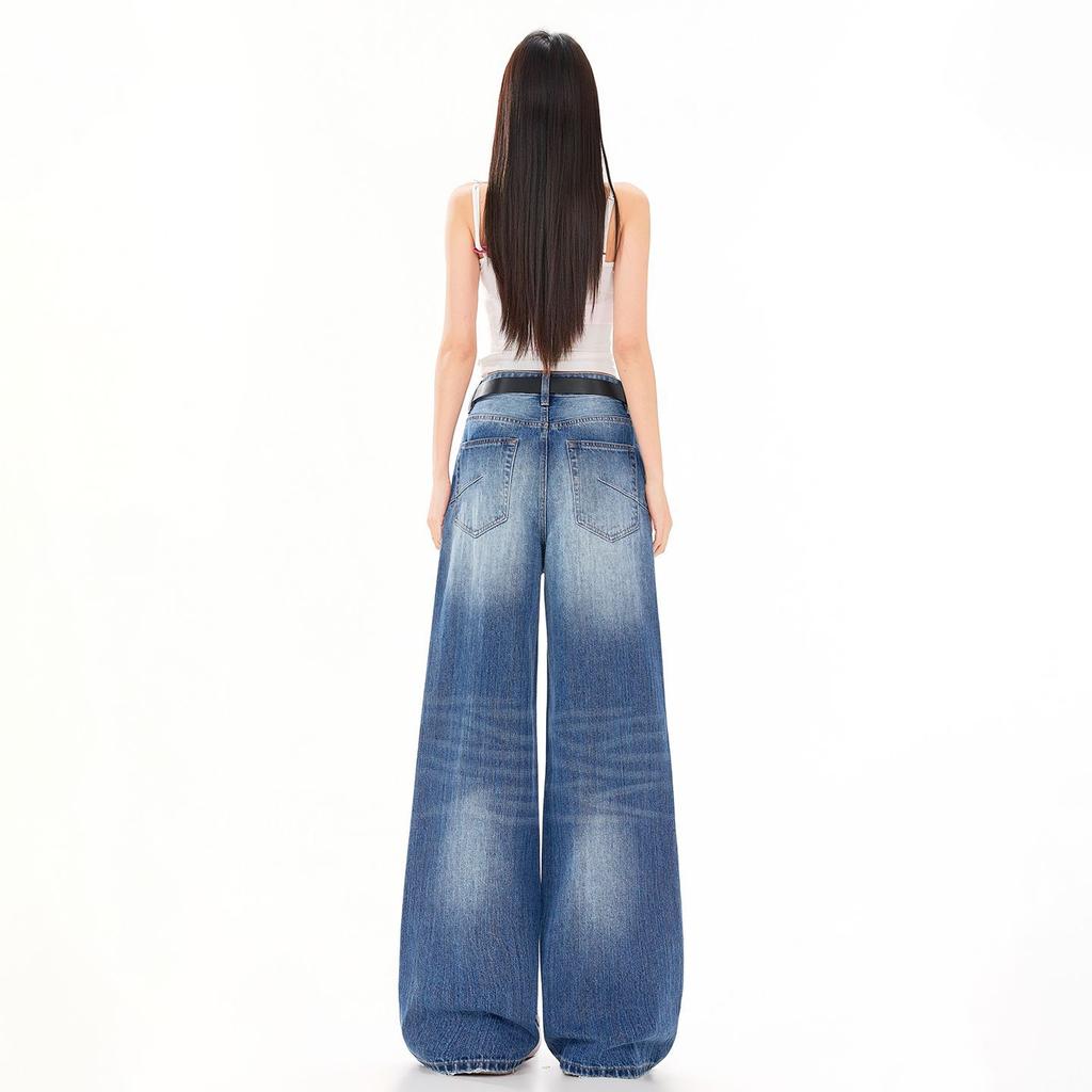 Spring Summer Vintage Sandblast Washed Relaxed Micro Flare Elegant Casual Full Length Denim Pants Female Casual Pants Oversize Denim Trousers