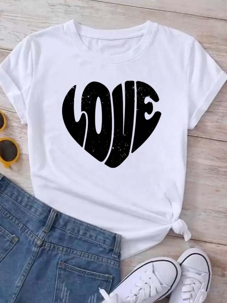 Neues Liebesherz 3D-Druck Damen T-Shirt Sommer Lustig O-Ausschnitt Y2K Oberteile T-Shirt Weiblich 90er Jahre Mädchen Lässig Damenbekleidung Valentinstag Geschenk