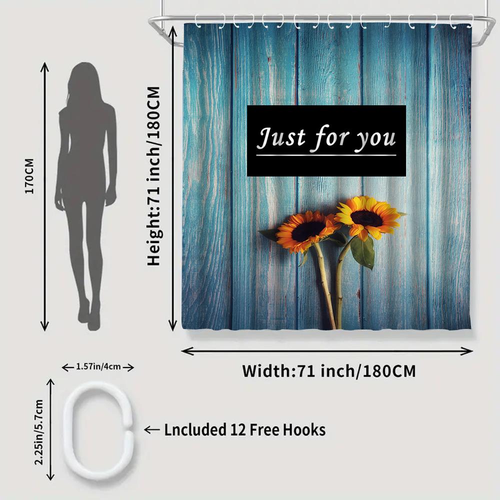 1/4 Wooden Sunflower Shower Curtains, Toilet Seat Decoration, Shower Curtain With Carpet And Toilet Lid, 12 70.8X70.8 Inch Hooks
