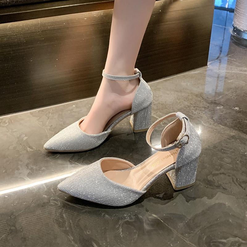 Baotou Sandals Women's New Models with Skirts Pointed Single Shoes Women's One-word Buckle Flash Diamond High-heeled Sandals