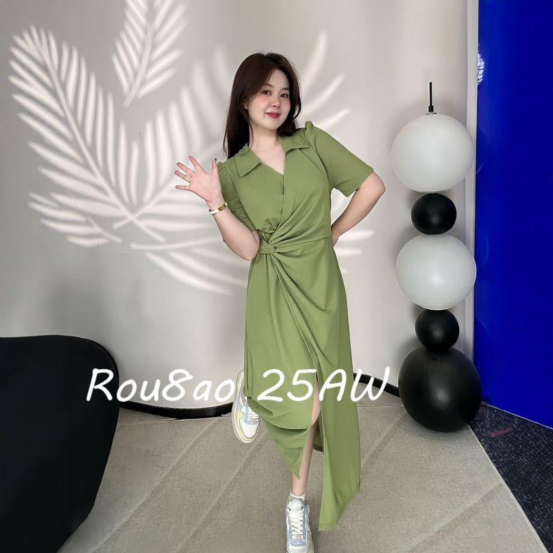 

Rou8Ao Plus Size Women s Fashion Twisted Waist Irregular Slit Long Dress 2026 Summer Waist-Cinching Dress Lime Green L
