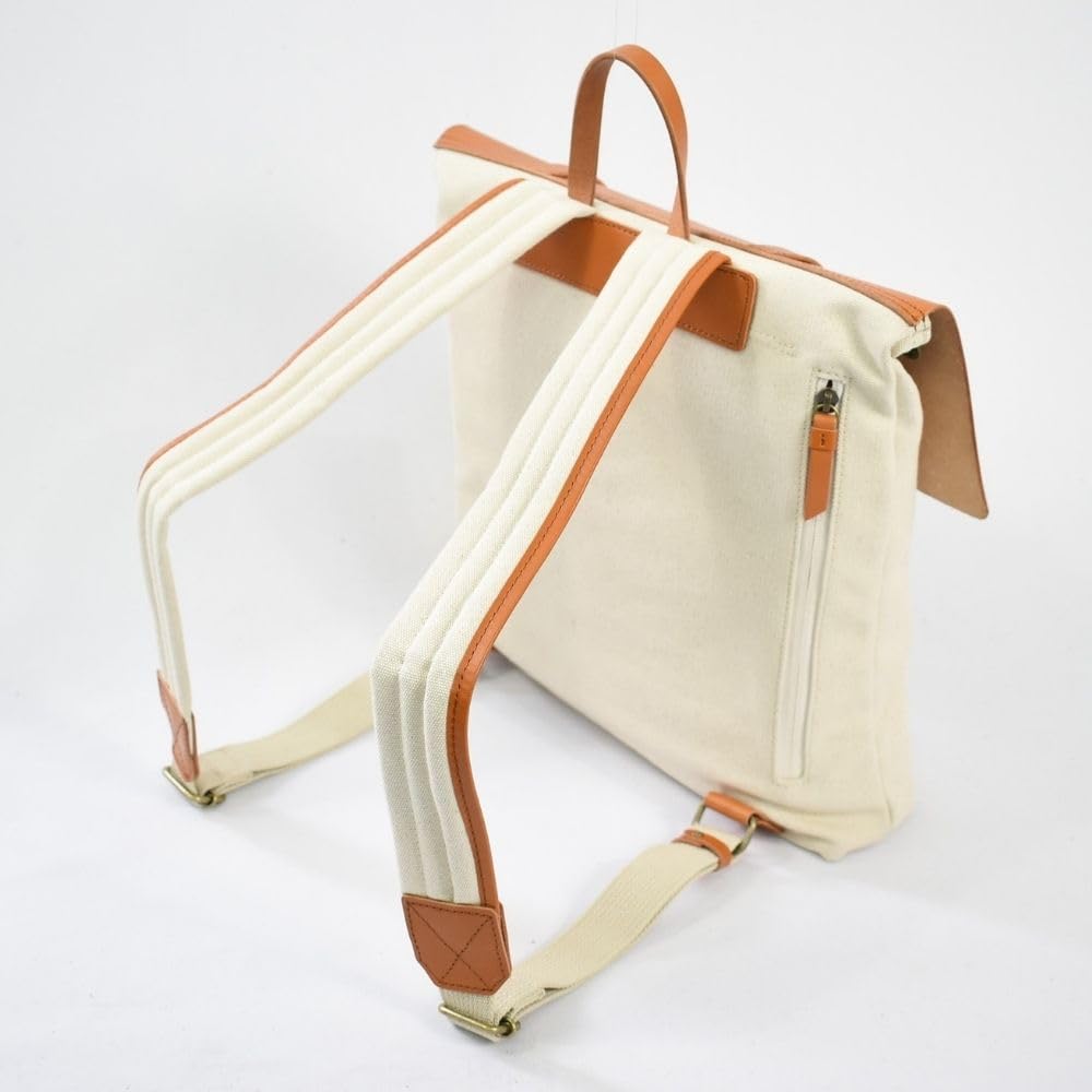 Marutomi Shokai Chair Canvas and Leather Flap Camel Leather and W32 X H36 X Backpack, Off-White Canvas, Size Approx. D7cm, 7M0-1106