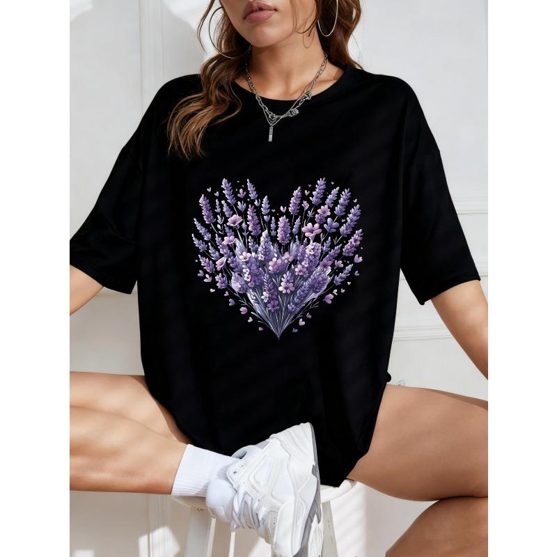 Lavender Heart Print Oversized T Shirt White Floral Design For Casual Wear And Everyday Outfits