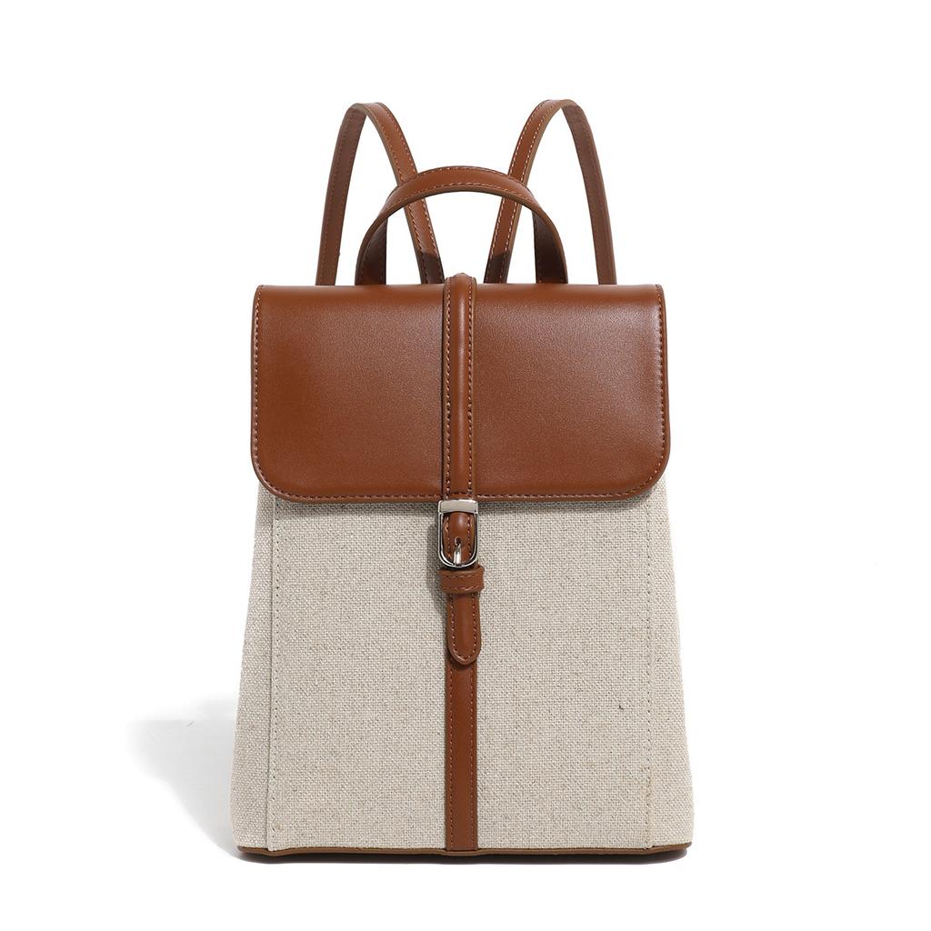 Summer new casual vacation-style leather and linen backpack with a French relaxed feel, large-capacity school bag