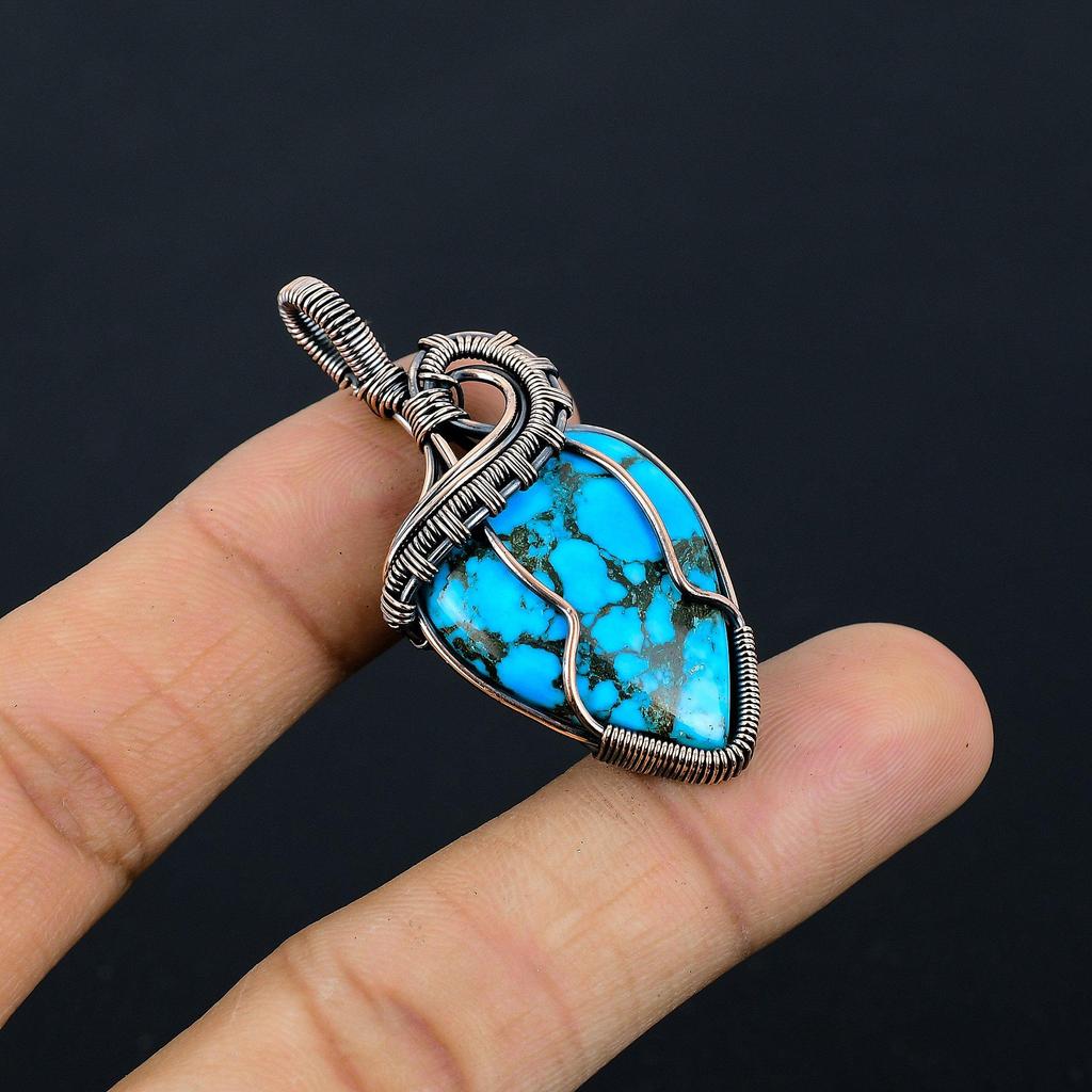 Tibetan Turquoise Pendant, 999 Copper Wire Wrapped Gemstone Jewelry, Handmade Pendant, For Thanksgiving