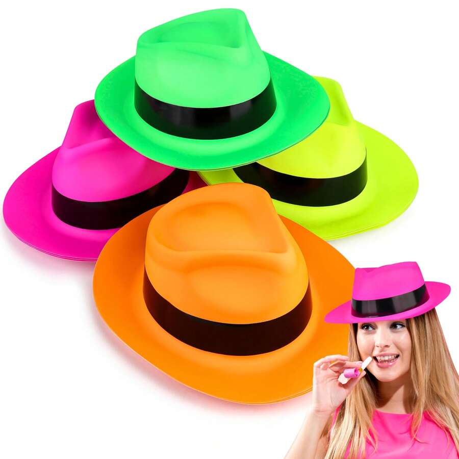 Neon Plastic Fedoras Party Hats Gangster Style Soft Felt Adult Novelty Hats For Birthday Music Event