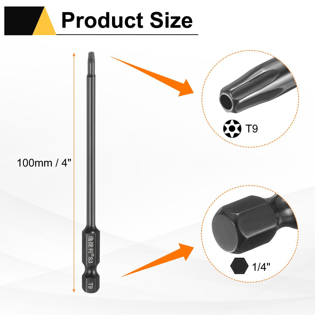 6pcs T6-T40 Torx Screwdriver Bit 1/4" Hex Shank 75mm/100mm S3 Steel Magnetic Tamper Proof Star 6 Point Head Hex Screw Driver Bit