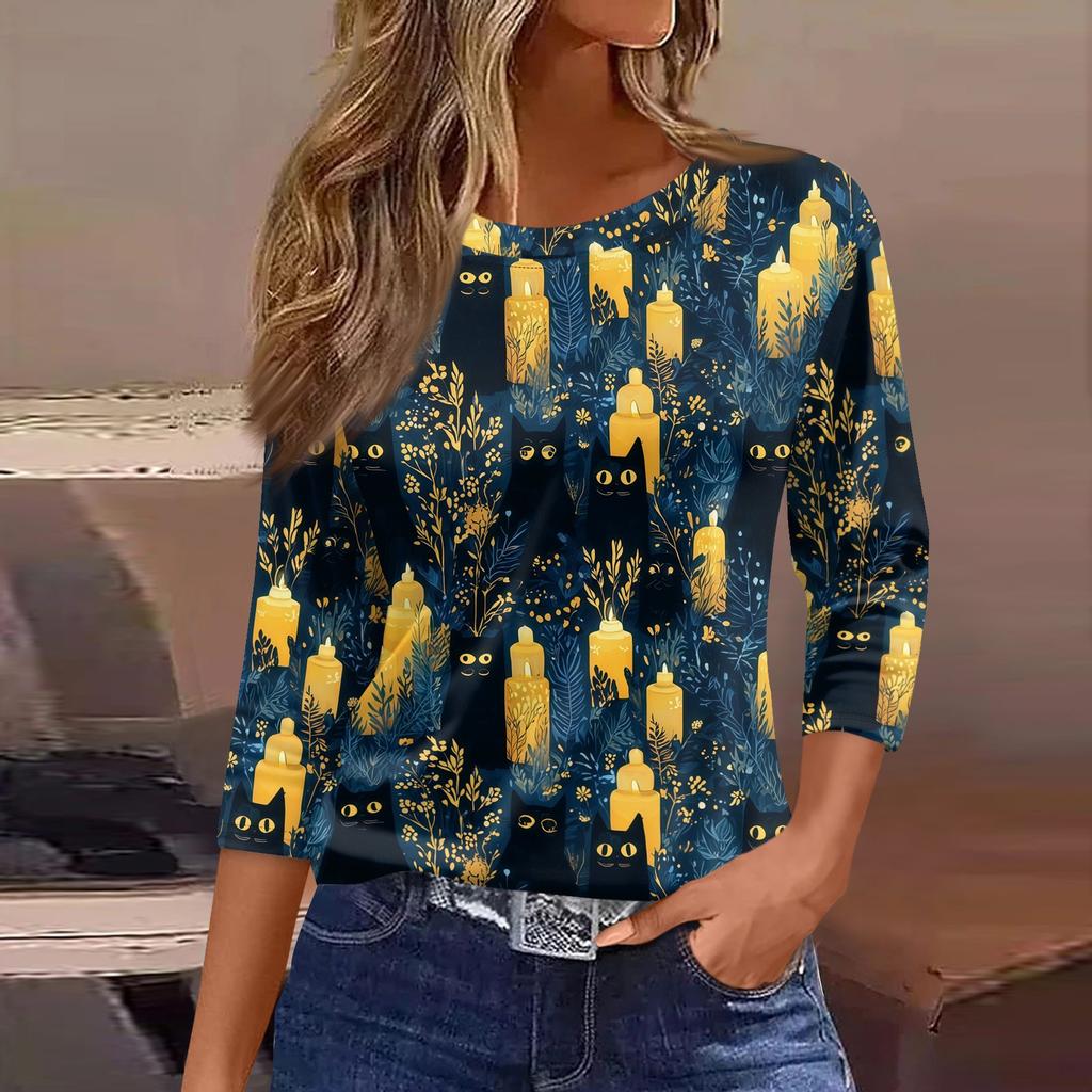Women's Loose Fit Casual Halloween Print T-Shirt 3/4 Sleeve Round Neck Relaxed Fit Top for Everyday Wear