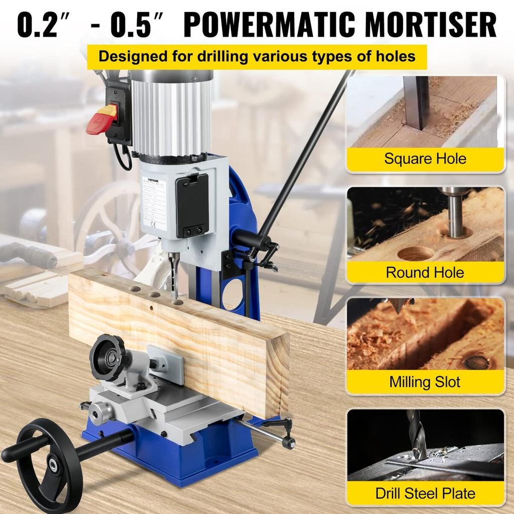 Table Mortiser, 1/2 HP, 1700 RPM, Bench Drill Press with Movable Workbench, Hollow Mortiser, for Drilling Round, Square, or Special Square Holes In