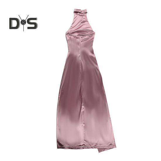 Women Ball Gown Stand Collar Halter Neck Off Shoulder Sleeveless Satin Evening Dress Slim Fit Pleated Solid Color High Slit Floor Length Maxi Dress