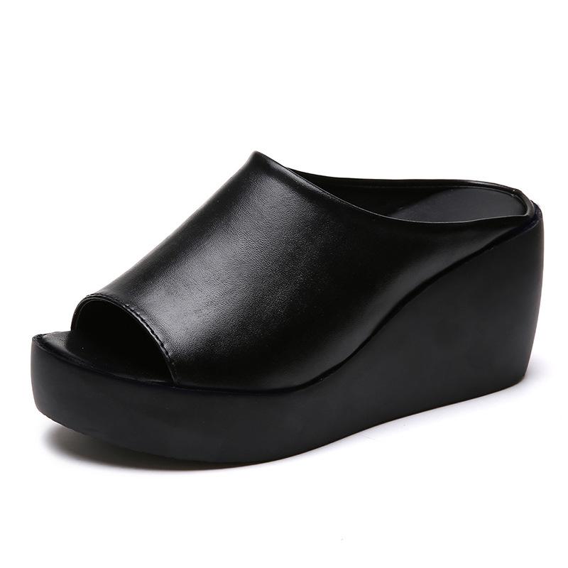 Women's Thick-sole Sandals Wear Leather Black and White Muffin High-heeled Fish Mouth Sandals Non-slip Wedge Sandals