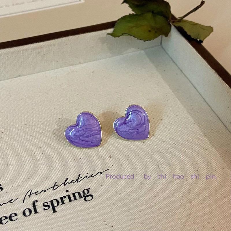Big Heart Purple Color Stud Earring for Women Simple Enamel Glaze Personality Jewelry Christmas Halloween Girl Gift