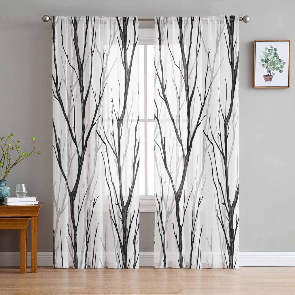 Black White Branches Sheer Curtains for Bedroom Living Room Decoration Window Curtain for Kitchen Tulle Voile Organza Drapes
